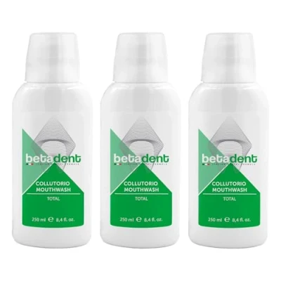 Abbildung von Betadent Set mit 3 Mundspülungen, Gesamtwirkung gegen Plaque, Zahnstein, Karies, Mundgeruch, Zahnfleischentzündung. Natürliche Inhaltsstoffe, maximale Wirksamkeit, frischer Atem, x 250 ml