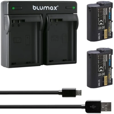 Abbildung von 2X Blumax Gold Edition Akku ersetzt Nikon EN EL15a EL15b EL15c 2040mAh kompatibel mit D780 D850 Z6 Z7 + Mini Dual Ladegerät