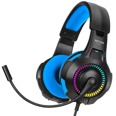 Abbildung von NITHO NX200 Gaming Headset für PC/PS4/PS5/Xbox/Mobile/Tablet, Stereo Surround Kopfhörer mit Hochklappbares Mikrofon, RGB Lichteffekt Blau