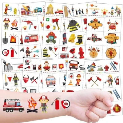 Abbildung von 10 Feuerwehr Kinder Tattoos zum Aufkleben, hautfreundliche Kindertattoos als Geschenk, Mitgebsel für Jungs vegan