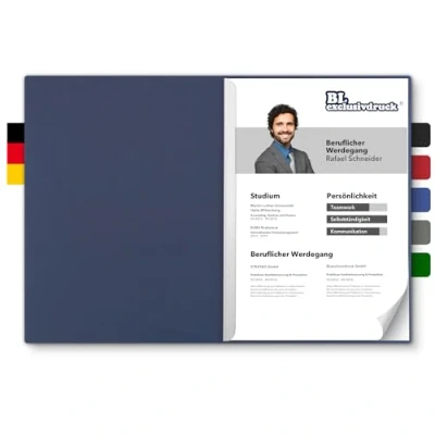 Abbildung von 5 Stück zweiteilige Bewerbungsmappen BL exclusivdruck® in Marineblau Premium Qualität mit edler Relief Prägung &#039;Bewerbung&#039; Produkt Design von &#039;Mario Lemani&#039;