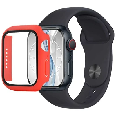 Abbildung von mtb more energy Hülle kompatibel mit Apple Watch 9, 8, 7 (41mm) rot integrierter Displayschutz aus gehärtetem Glas Rundum Schutz Bumper Gehäuse Schutzhülle Tempered Glass