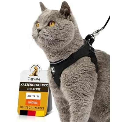 Abbildung von Tierhood Katzengeschirr Set mit Leine für kontrollierte Freiheit Softgeschirr Komfortabel, Einstellbar &amp; Robust Geschirr aktive Katzen (Schwarz, Größe M)