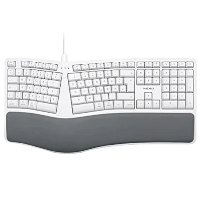 Abbildung von Macally MERGOKEY DE, ergonomische kabelgebundene USB A Tastatur mit Handballenauflage, deutsches QWERTZ Layout Umlauten