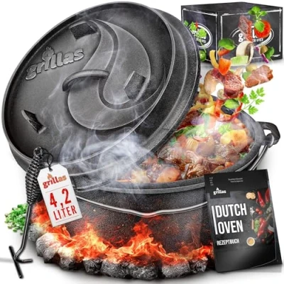 Abbildung von grillas Grilltopf Dutch Oven Set Feuertopf mit Deckelheber und Henkel, Gusseisen, bereits eingebrannt preseasoned I Bräter Henkel