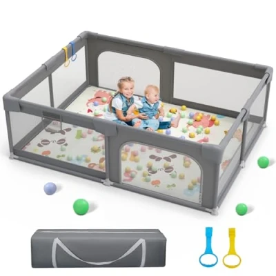 Abbildung von Palopalo Laufstall Baby 180x150cm, Extragroßer Laufgitter für Babys und Kleinkinder, mit 2 Reißverschlusstür Atmungsaktivem Netz, 300D Oxford Geweb, Dunkelgrau