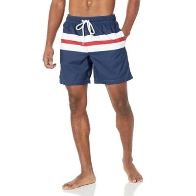 Abbildung von Amazon Essentials Herren Badehose, Schnell Trocknend, 18 cm Auslauffarben, Marineblau Rot Weiß Streifen, S