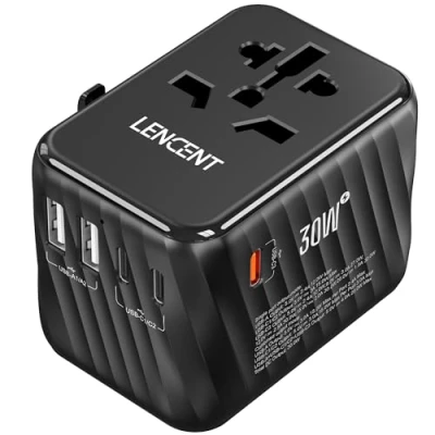 Abbildung von LENCENT Universeller Reiseadapter, 30W Internationales Wandladegerät mit 3 USB C+2 A Schnellladung, Weltweiter Steckeradapter Reiseadapter für US bis EU UK Irland Australien Typ C/G/A/I, Schwarz
