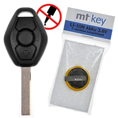 Abbildung von mt key Auto Schlüssel Ersatz Gehäuse 3 Tasten + HU92 Rohling LIR2025 Akku Knopfzelle, (3,6 V), für BMW E46 E83 E52 E85 E86 E39 E61 E60 E53 Funk Fernbedienung