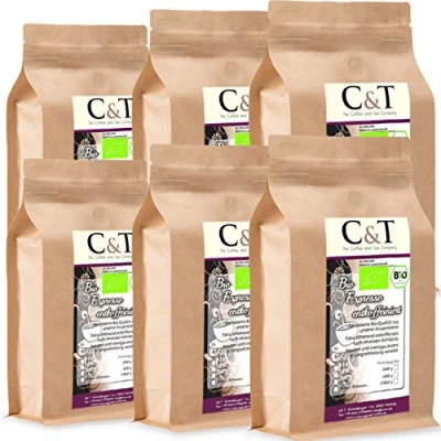 Abbildung von C&amp;T Bio Espresso Crema Cafe entkoffeiniert 100% Arabica 6x1000 g ganze Bohnen (inklusive gratis Kaffeesack) Sparpack im Kraftpapierbeutel