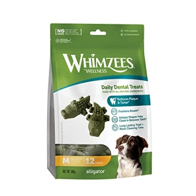 Abbildung von WHIMZEES by Wellness Krokodil, Kaustangen für mittelgroße Hunde, Hundesnack zur Zahnpflege, Größe M, 12 Stück, ohne Zuckerzusatz, getreidefrei, natürlich, fettarm
