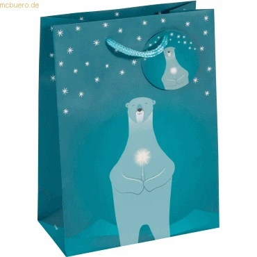 Abbildung von SIGEL GT053/5 mittelgroße Papier Geschenktüten 5er Set 23 x 17 cm petrolblau Weihnachten &quot;Polar bear with candle&quot;