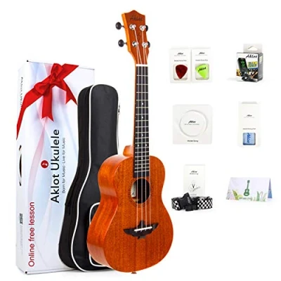 Abbildung von AKLOT Konzert Ukulele für Linkshänder massives Mahagoni 23 Zoll Uke mit Anleitung (Gigbag, Picks, Tuner, Gurt, Schnur, Reinigungstuch)