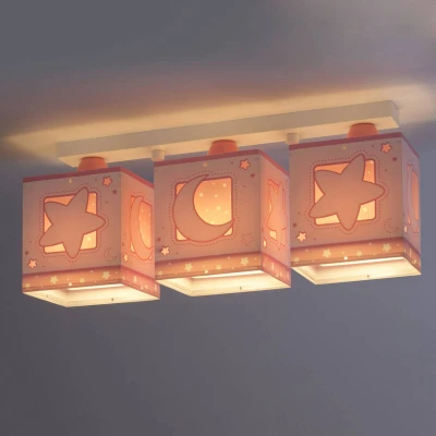Abbildung von Dalber Kinderlampe Deckenleuchte, Kinderzimmer Deckenlampe 3 Lichter Mond und Sterne MoonLight Rosa Rose, 63233NS, E27