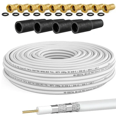 Abbildung von HB DIGITAL 30m Koaxialkabel SAT HQ135 PRO inkl. 4X Gummitüllen + 10X F Stecker vergoldet GRATIS dazu Satellit Antennenkabel 4 Fach geschirmt für DVB S/S2 C/C2 T/T2 DAB+ Radio BK Anlagen