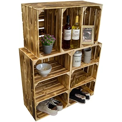 Abbildung von hohe Holzkiste &quot;Willi&quot; mit zwei kurzen Einlageböden / Zwischenbrettern 68x40x30cm HxBxT Schuhregal Bücherregal Nachttisch Weinregal Regalkiste Apfelkiste Weinkisten (3er Set, geflammt)