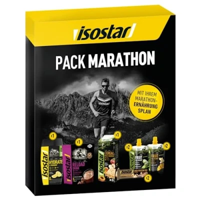 Abbildung von Isostar Pack Marathon Komplettes Ernährungspaket, um die Ernährungsbedürfnisse von Marathonläufern zu erfüllen, Sortiment an Getränken, Gels und Energieriegeln, Box mit 9 Artikeln, 222777