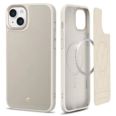 Abbildung von CYRILL von Spigen Kajuk Mag [Kompatibel mit iPhone 14] Magnetisches kabelloses Laden Premium Lederhülle Schutzhülle Cream