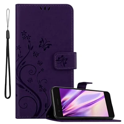 Abbildung von Cadorabo Hülle kompatibel mit LG K8 2018 / K9 Blumen Design aus Kunst Leder Flip Klappbare Magnetische [Standfunktion] [Kartenfächern] Cover für Tasche in Lila