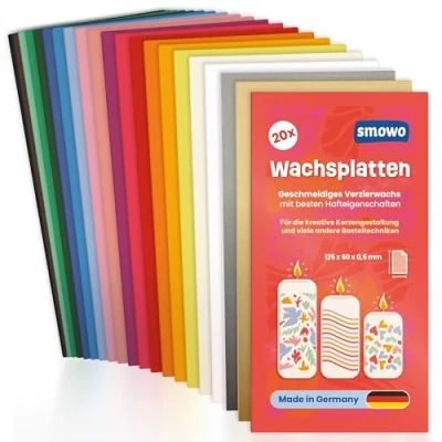 Abbildung von Smowo® 20 Wachsplatten zum Verzieren und Gestalten von Kerzen Ideal für Kommunion, Taufe Basteln Kerzenwachs Platten Set DIY Kerzenkunst