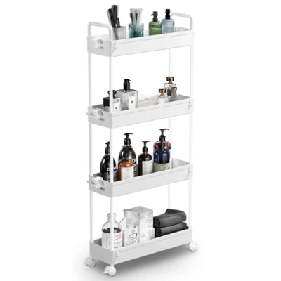 Abbildung von SOLEJAZZ Rollwagen mit 4 Ebenen, schmale Nischenregal auf Rollen für Küche, Bad, Waschküche, Schlafzimmer, Plätze, Kunststoff,mit Griffen, 13 x 40 86.3 cm,Weiß