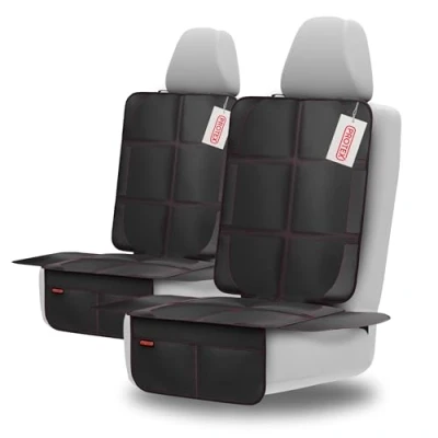 Abbildung von PROTEX Kindersitzunterlage ISOFIX geeignet, Anti RUTSCH Unterfläche Wasserabweisender &amp; besonders hochwertiger 600D Stoff mit gepolsteter Sitzfläche (L, 2er Set), (Schwarz roten Nähten)