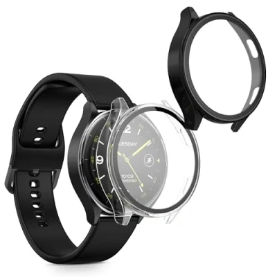 Abbildung von kwmobile 2X Cover kompatibel mit Xiaomi Watch 2 Hülle Fullbody Fitnesstracker Case Set aus Glas Transparent Schwarz