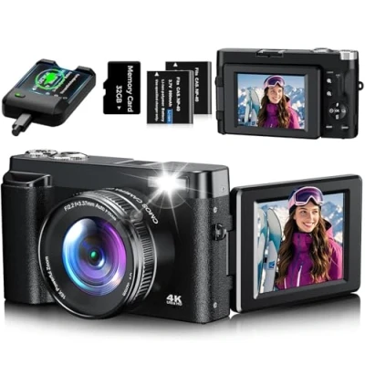 Abbildung von Digitalkamera 4K, 48MP Autofocus Kompaktkamera Fotokamera mit 32GB Karte, 3 Zoll 180 Flip Bildschirm, 16X Digital Zoom Fotoapparat 2 Batterien für Anfänger(Schwarz)
