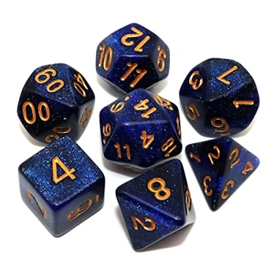 Abbildung von DND Würfel Set, polyedrische Würfel, für Dungeon and Dragons, D&amp;D, Rollenspiele, mit Würfelbeutel, 7 teilig, im Nebula Design Dunkelblau und Schwarztöne