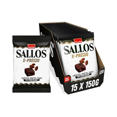 Abbildung von SALLOS x presso Vorrats Pack Lakritz Bonbons mit Kaffee Extrakt, aus natürlichem Süßholzsaft, Kombination Espresso Geschmack, vegan, im Pack, 15 135 g