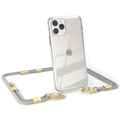 Abbildung von EAZY CASE kombinierbare Handyketten kompatibel mit iPhone 11 Pro, Transparente Silikon Hülle rundem Umhängeband, Abnehmbarer Karabiner, Band, Gurt zum wechseln, Taupe Clips Gold