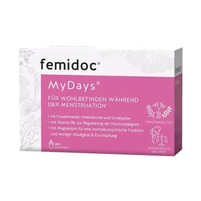 Abbildung von femidoc MyDays Kapseln für Frauen während der Menstruation, 20 Stück, mit Frauenmantel, Hirtentäschel, Schafgarbe, Vitamin B6 und Magnesium, vegan