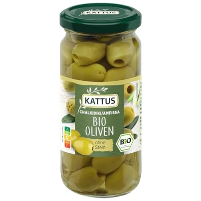 Abbildung von Kattus Bio grüne Oliven ohne Stein Griechische zum Verfeinern von Salaten oder Saucen Aus biologischem Anbau 125 g im Glas
