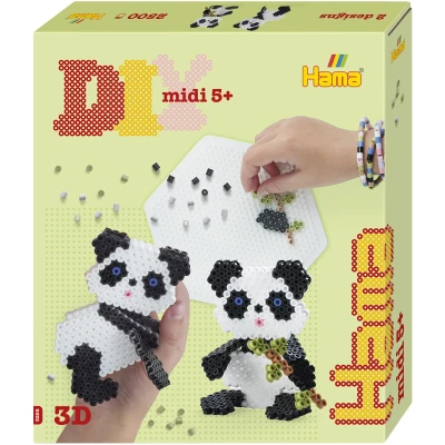 Abbildung von Hama Perlen 3258 Bügelperlen 3D Panda, Geschenkpackung mit ca. 2.500 Midi Perlen, Stiftplatte, Motiv Vorlage, Bügelpapier, für Kinder ab 5 Jahren