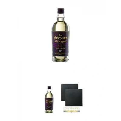 Abbildung von Pisco Los Artesanos del Cochiguaz chilenischer Brandy 0,7 Liter + Schiefer Glasuntersetzer eckig ca. 9,5 cm Ø 2 Stück