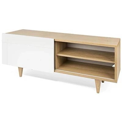 Abbildung von Symbiosis Cruz TV Tisch einfaches geradliniges Design, mit Schiebetür, Front, Holzwerkstoff, Eichefurnier und Weiss lackiert, L50xB120xH34 cm