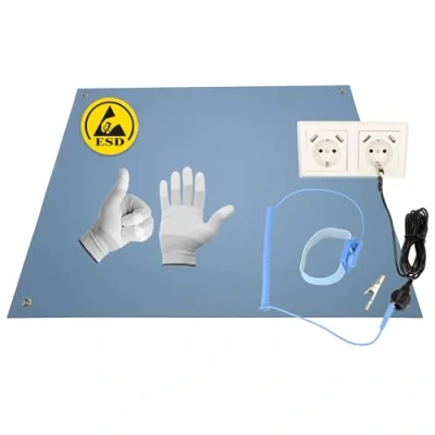 Abbildung von Minadax 120 x 60cm Antistatik ESD Computer Matte Tischmatte „Premiumqualität“ inkl. Manschette + 2,4m Verlängerung Handschuhe GR L