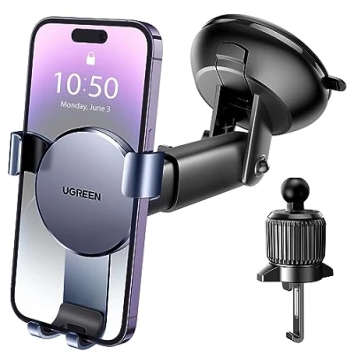 Abbildung von UGREEN Handyhalterung Auto 2 in 1 Schwerkraft Kfz Lüftung und Saugnapf Handyhalter kompatibel mit iPhone 15 Pro Max Plus 14 13 Galaxy F34 S23 Huawei Mate 60 usw.(Silber)