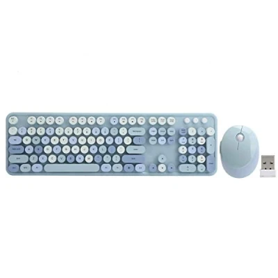 Abbildung von Combo Tastatur und Maus für Windows, Set aus Maus, kabellos, langlebig, ergonomisch, diskret, leise, Tastatur, 104 Tasten im Retro Stil, abgerundet, Pastellblau PC/Laptop/Computer