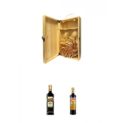 Abbildung von 1a Whisky Holzbox für 2 Flaschen mit Hakenverschluss + Bachmann Kräuterlikör aus Deutschland 0,7 ltr. Averna Amaro Siciliano Halbbitter Italien Liter