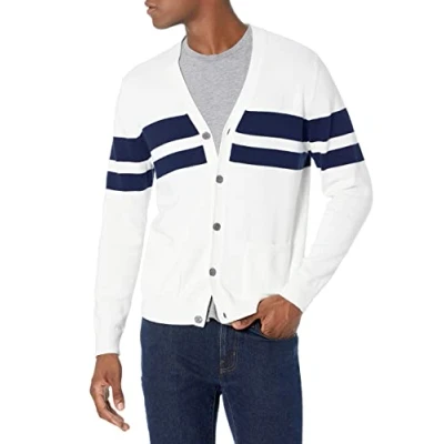 Abbildung von Amazon Essentials Herren Baumwollstrickjacken, Marineblau Weiß Rugby Streifen, S