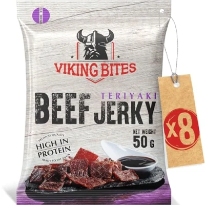 Abbildung von Viking Bites Beef Jerky Teriyaki 400g (8 x 50g) Getrocknetes Rindfleisch Fleischsnack mit hohem Proteingehalt