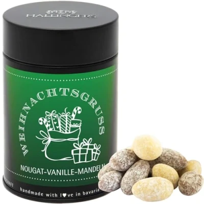 Abbildung von Hallingers Weihnachtsgruß Nougat schokolierte Vanille Mandeln handgemacht (Dose) Geschenkideen Weihnachten &amp; Geschenke Glückwunsch Freundschaft Genesung