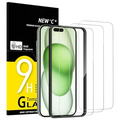 Abbildung von NEW&#039;C 3 Stück, Panzer Schutz Glas für iPhone 16 Plus,15 Plus (6,7 Zoll), Frei von Kratzern, 9H Härte, HD Displayschutzfolie, Ultra klar, Ultrabeständig Einfaches Installationswerkzeug enthalten