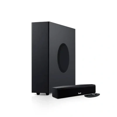 Abbildung von Teufel CINEBAR ONE+ 2.1 Soundsystem Ultra Kompakte Soundbar mit platzsparender Subwoofer, Dolby Audio, Bluetooth 5.0 aptX, Touch Panel, Dynamore schwarz
