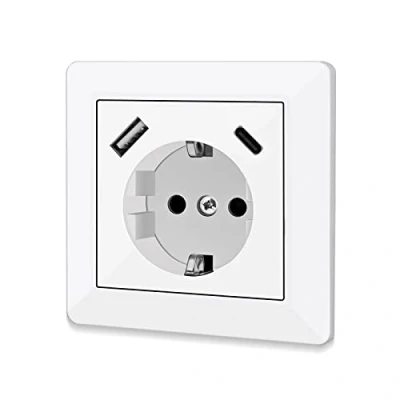 Abbildung von Steckdose mit USB Anschluss und Typ C (max. 5 V 3,4 A) Schuko Glänzend Unterputz System 55 Reinweiß Wandsteckdose Schutzkontaktsteckdose