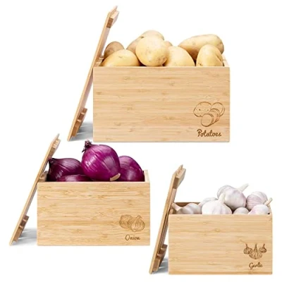 Abbildung von Navaris Aufbewahrungsbox 3x Behälter für Lebensmittel stapelbare Bambus Kisten Box Set (1 St)