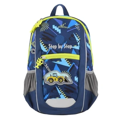 Abbildung von Step by Rucksack Set KIGA Maxi „Bagger Bobby“, mit separaten Innenfach, ergonomischer Mini höhenverstellbarem Brustgurt, Kita, Kindergarten &amp; Freizeit, ab 3 Jahren, 10l, blau gelb