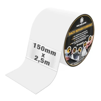 Abbildung von HSS® Dach Reparaturband, MicroSealant Klebstoff, effektiv, beständig und universell einsetzbar, wasserdichtes Klebeband, verbessertes Butylband, SKZ geprüft (Weiß, 150mm/2,5m)