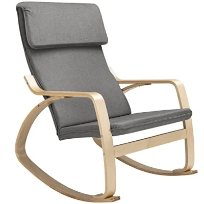 Abbildung von BAKAJI Grau Schaukelstuhl Relaxsessel aus Baumwolle Rückenlehne Ergonomisches Kissen, Holz, Standard